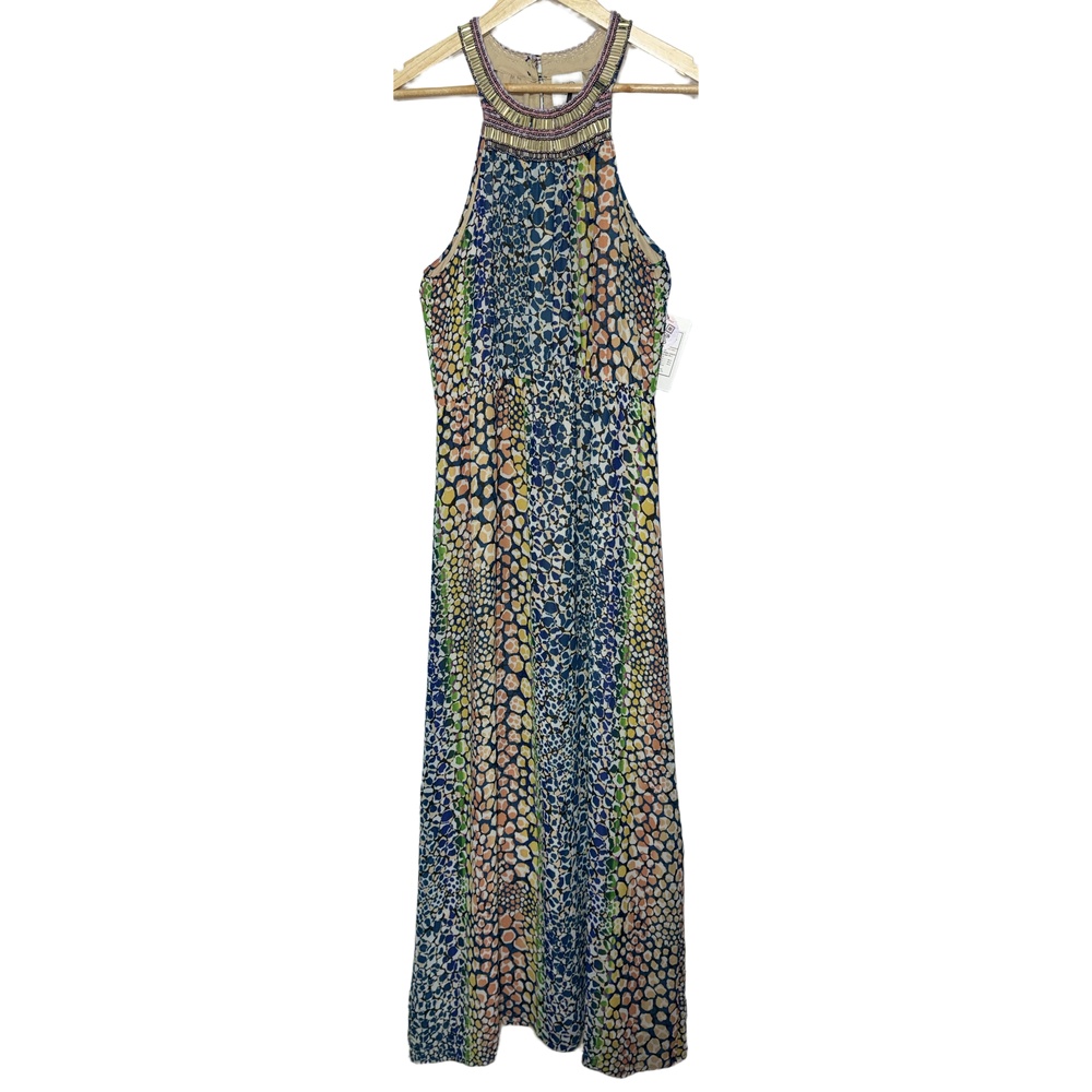 HD in Paris Anthropologie Blue Orange Green White Beaded Halter Maxi Dress Sz 6